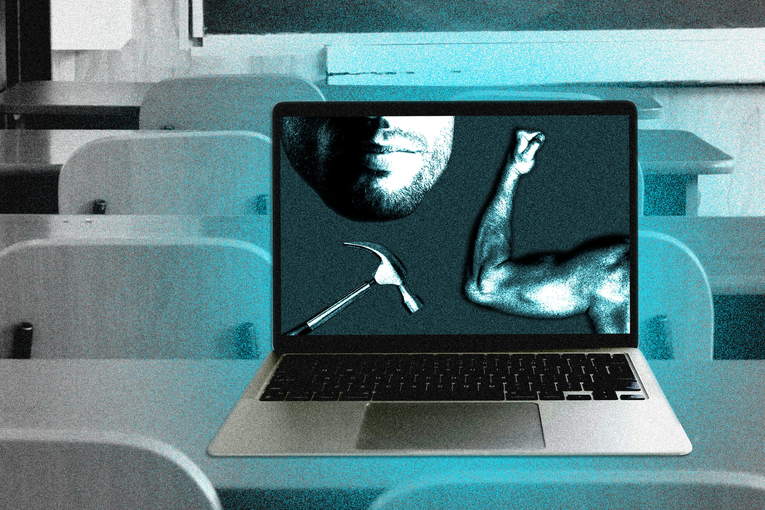 A black and white image of rows of desks and chairs in a classroom. A MacBook with images of a man's jawline, a muscular arm flexing and a hammer on its screen sits on one of the desks. A grainy blue glow comes from behind the laptop.